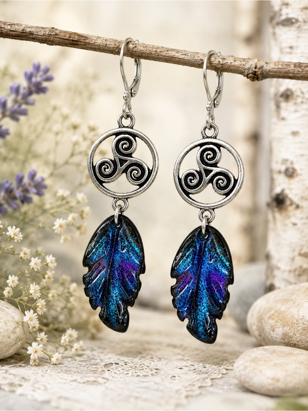Celtic Triskelion Leaf Earrings | Iridescent Glass Dangles | Premium Leverbacks - Picture 4 of 9